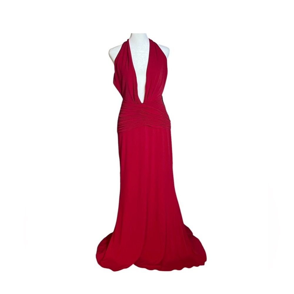 Jovani New York Plunging Neckline Open Back Red Gown, Size 8